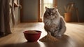 Cute fluffy cat, dry food, home animal hungry appetizing portion appetite