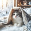 Cute fluffy cat in a knitted blanket on a bed on the background of a winter forest, morning scene, generative ai Royalty Free Stock Photo