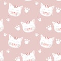 Cute fluffy cat seamless pattern, kitten muzzle with paws vector illustration, texture, background, wallpapers, ornament.