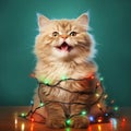 Cute fluffy cat tangled in Christmas lights