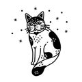 Cute fluffy cat vector icon. Nice spotted kitten sits and smiles. Animal in a collar with a heart. Simple doodle, sketch. Isolated