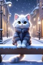 A cute and fluffy cat in the winter clothes, sitting on the bench in a snowing night, city, lights, animal, fantasy, cartoon