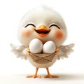 Cute fluffy chick 3D offering eggs, on a white background, funny cartoon character, Royalty Free Stock Photo