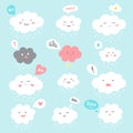 Cute fluffy clouds with cartoon emoji faces, emotions