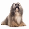 Cute fluffy dog breed Lhasa Apso, isolated on white close-up, lovely pet, very long hair Royalty Free Stock Photo