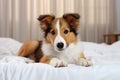 Cute fluffy domestic collie dog lies on the bed in the bedroom. puppy looking at the camera