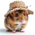 cute fluffy domestic hamster in a hat on a white background