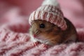 cute fluffy domestic hamster in a warm knitted hat on a soft pink background