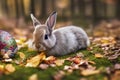 A cute fluffy Easter bunny with adorable big ears on the forest floor with an ornate decorated egg for a hunt