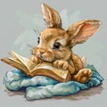 A cute fluffy Easter bunny is reading the Bible on a soft pillow. Teaching and education at any age Royalty Free Stock Photo