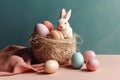 Easter bunny in basket with colored easter eggs in pastel toned. Generative AI. Space for text Royalty Free Stock Photo