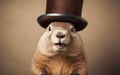 Cute fluffy smiling groundhog wearing a black top hat, close up isolated on brown background. Happy groundhog day. AI Generative Royalty Free Stock Photo