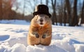 Cute smiling groundhog wearing a black top hat, standing on the snow in the sunlight. Happy groundhog day banner. AI Generative Royalty Free Stock Photo