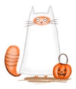 Cute fluffy ginger cat in halloween ghost costume on white background. Royalty Free Stock Photo