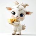 Cute fluffy goat 3D offering goat cheese, on a white background, funny cartoon character, for advertising cheese products Royalty Free Stock Photo