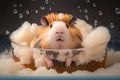 A Cute Fluffy Guinea Pig or Hamster Enjoying a Bubble Bath. Adorable Kawaii Pet with Soft Fur Relaxing in Bathtub, Taking a Bath Royalty Free Stock Photo