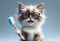 Cute fluffy kitten brushing teeth in the morning cheerfully Royalty Free Stock Photo