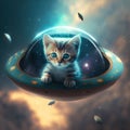 Cute fluffy kitten driving UFO in space. Funny cat rides sci-fi spacecraft or alien spaceship. Generated AI. Royalty Free Stock Photo