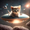 Cute fluffy kitten driving UFO in space. Funny cat rides sci-fi spacecraft or alien spaceship. Generated AI. Royalty Free Stock Photo