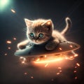 Cute fluffy kitten driving UFO in space. Funny cat rides sci-fi spacecraft or alien spaceship. Generated AI. Royalty Free Stock Photo