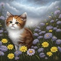 A cute and fluffy kitten in a field of flower with evening storm, in a magical realism, cartoon style, wallpaper, animal design