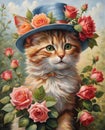 cute fluffy kitten between roses, oil painting kit for embroidery Royalty Free Stock Photo