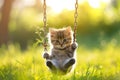 Cute fluffy kitten sitting on a swing outdoors. Striped cat. Pet Royalty Free Stock Photo