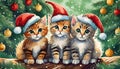 Cute fluffy kittens in red caps,