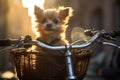 Cute fluffy lap pet dog in a bicycle basket. Safe transportation of an animal in a bike basket. City lifestyle