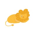 Cute fluffy lion lies and wink by eye. Cartoon wild African animal in flat style. Zoo theme. Flat vector template for