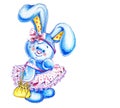 Cute fluffy little bunny girl with long ears in a red dress, bow and handbag looks straight. Greeting card for Easter, Valentine`