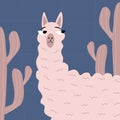 Cute fluffy llama with funny eyes and pink cacti. Friendly cartoon alpaca card. Adorable guanaco hand drawn vector illustration. Royalty Free Stock Photo