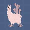 Cute fluffy llama with funny eyes and pink cactus. Peruvian alpaca hand drawn vector illustration. Friendly cartoon guanaco. Royalty Free Stock Photo