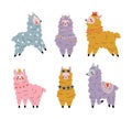 Cute fluffy llama set. Lovely alpaca animal, design for card, sticker, textile, t-shirt cartoon vector illustration