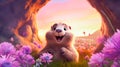 A cute, fluffy marmot crawled out of his hole on a sunny, spring day, among pink beautiful flowers.