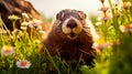 A cute fluffy marmot crawled out of its hole among meadow grasses and flowers on a sunny spring day.