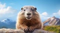 A cute fluffy marmot crawled out of its hole among the mountains and rocks on a sunny spring day.