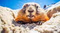 A cute, fluffy marmot crawled out of its hole among the white snow on a sunny day.