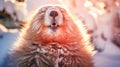 A cute, fluffy marmot on a sunny day crawled out of its hole among the white snow on a sunny day, in a pink light.