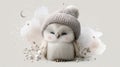 Cute fluffy owl in knitted hat surrounded by winter decorations Royalty Free Stock Photo