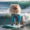 Cute fluffy Persian cat surfer on a surfboard
