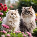 Cute fluffy Persian kittens sitting on a bg of flowers