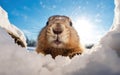 Happy groundhog day banner. Cute groundhog comes out of a snowy hole after hibernation, backlight, blue sky, sunny. AI Generative Royalty Free Stock Photo