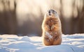 Cute fluffy photorealistic groundhog standing on the snow in the sunlight. Happy groundhog day banner or. AI Generative Royalty Free Stock Photo