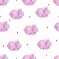 Cute fluffy pink rabbit is isolated on a white background. Simple picture for children with colored pencils. Seamless pattern