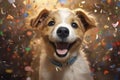 Cute fluffy puppy dog with party hat , birthday balloons . Puppy dogs party. Royalty Free Stock Photo