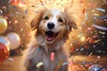 Cute fluffy puppy dog with party hat , birthday balloons . Puppy dogs party. Royalty Free Stock Photo