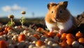 Cute fluffy rabbit sitting in meadow, eating fresh carrot generated by AI