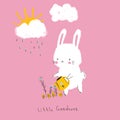 Cute fluffy rabbit watering flowers. Cartoon hare. Adorable bunny animal character print for kids and children design