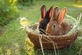 Cute fluffy rabbits in wicker bowl with dry grass outdoors. Space for text